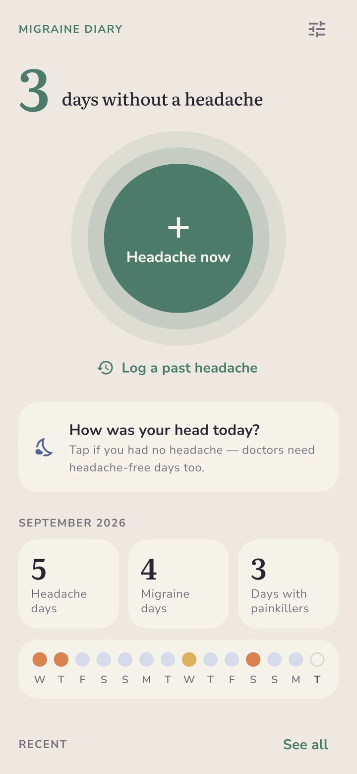 Home screen with the log button