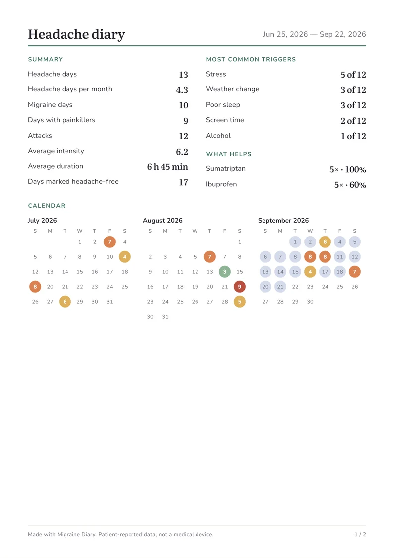 First page of the PDF report with a summary and calendars